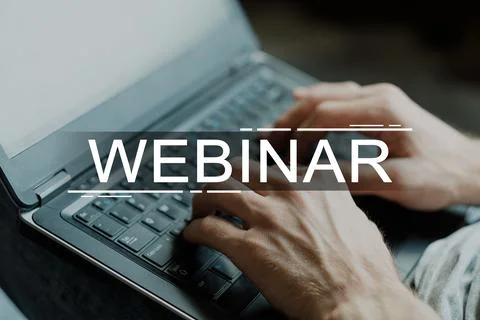 Webinar training software development hands laptop Stock Photos