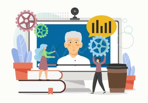 Webinar, virtual tutorial. Students learning online with tutor in digital Stock Illustration