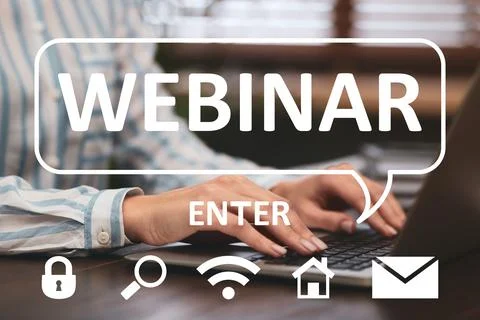 Webinar, website page with word Enter and icons. Woman using laptop at tabl.. Foto stock