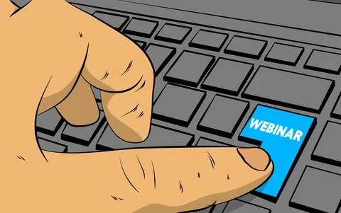 Webinar word on computer keyboard. Man push keypad on laptop. Comic book styl Illustrazione stock