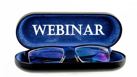 WEBINAR words written on the glasses case on a white background Stock Photos