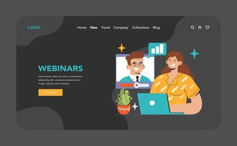 Webinars dark or night mode web, landing. Eager participant joins Stock Illustration