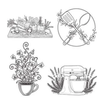 WebKitchen Cooking Line Art Set Vegetables Mixer Utensils Orchid Flower Vecto Stock-Illustration