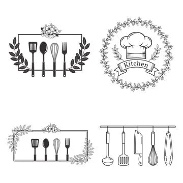 WebKitchen utensil frame set with chef hat and hanging cooking tools Stock Illustration