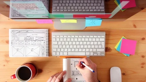 Webmaster draws the future layout of the web pages in the sketch book. Vídeo Stock 72428005