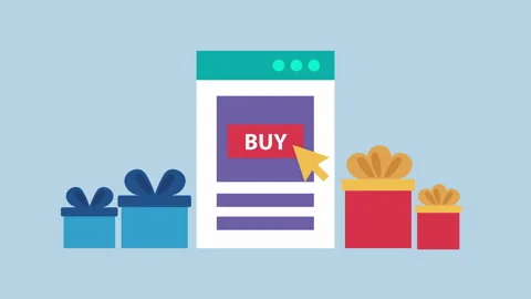 Webpage with buy button and gifts ecommerce 2d animation with alpha matte Stock Footage 335733770