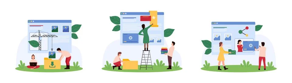 Webpage content management set, tiny people add media files to web page, upload 스톡 일러스트