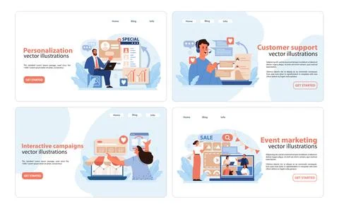 Webpage Design Consumer Engagement Set. Vibrant illustrations showcasing the key Stock-Illustration
