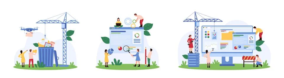 Webpage development, content management set, tiny people create website Stock Illustration