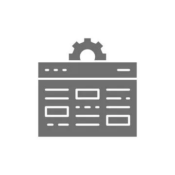 Webpage with gear, internet development, website optimization, seo grey icon. Stock Illustration