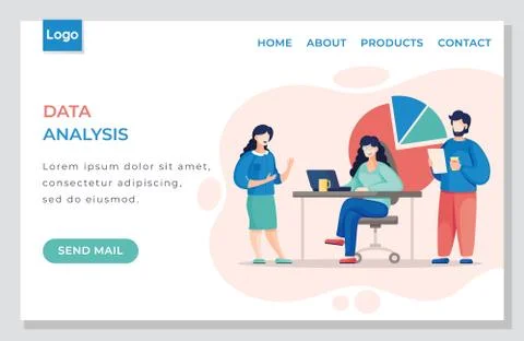 Webpage of modern website in flat style, team making data analysis in office at Illustrazione stock