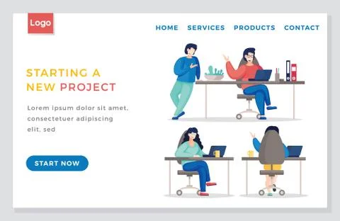 Webpage of modern website in flat style, team making new project in office at Illustrazione stock