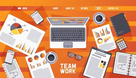 Webpage teamwork wooden table elements vector illustration. Internet site about 스톡 일러스트
