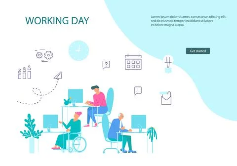 Webpage template of business characters at workplace Stock Illustration