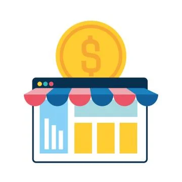 Webpage template with ecommerce tent and coin Stock Illustration