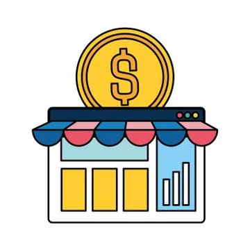 Webpage template with ecommerce tent and coin Stock Illustration