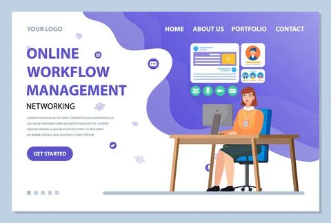 Webpage template online workflow management development path. Businesswoman is Stockillustratie