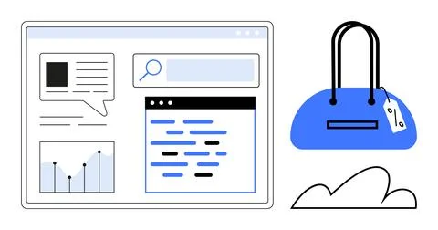 Webpage with text, search bar, code, graph, speech bubble. Blue handbag with  Stock Illustration