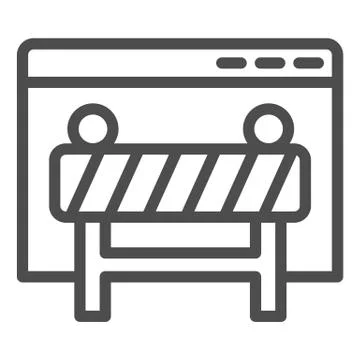 Webpage under construction line icon. Window browser with attention fence Illustrazione stock