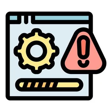 Webpage update showing progress bar, gear, and warning sign イラスト素材