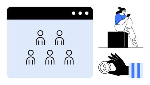 Webpage with user icons, person using a tablet, hand holding a coin. Ideal fo 库存插图