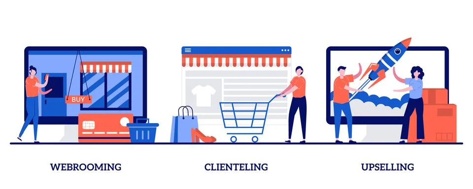 Webrooming, clienting, upselling concept with tiny people. Shopping behavio.. Stock Illustration
