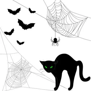 Webs, black cat and bats Illustrazione stock