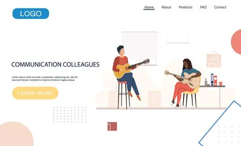 Website about communication of colleagues. Man and woman are playing guitar and Illustrazione stock