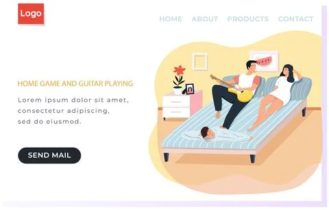 Website about home game and guitar playing. Guy with musical instrument. Family Stock Illustration