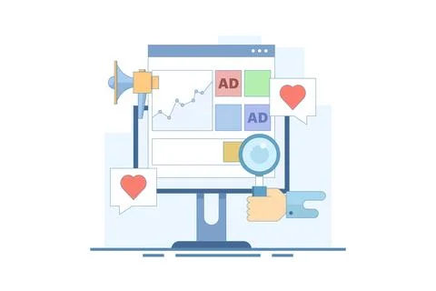 Website advertising campaign analysis concept, Website advertising network. Stock Illustration