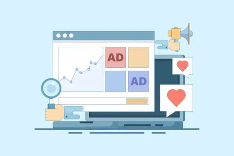 Website advertising campaign analysis concept, Website advertising network. 스톡 일러스트