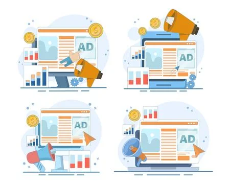 Website advertising set featuring digital ad campaigns, brand promotion. Stock Illustration