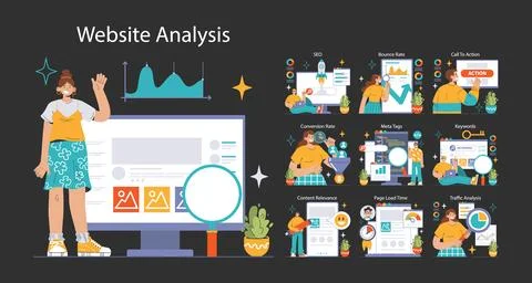 Website analysis dark or night mode set. Conversion rate and traffic analysis 스톡 일러스트