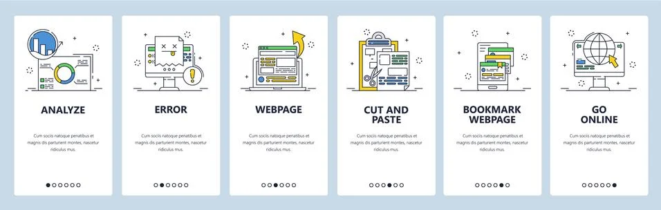 Website analysis, error, bookmark menu. Go online. Mobile app onboarding screens Illustrazione stock