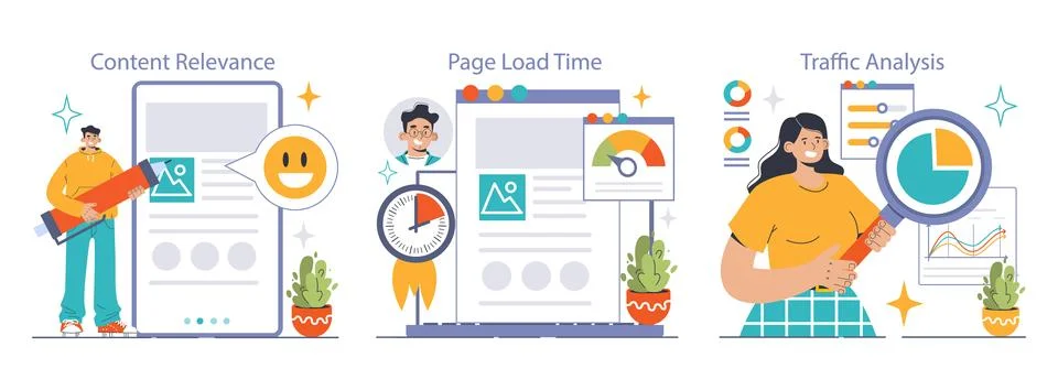 Website analysis set. Conversion rate and traffic analysis. Experts analyzing Stock Illustration