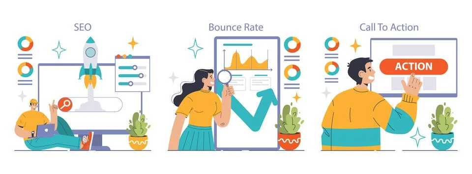 Website analysis set. Conversion rate and traffic analysis. Experts analyzing Illustrazione stock