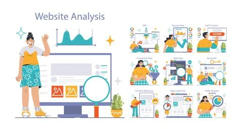 Website analysis set. Conversion rate and traffic analysis. Experts analyzing Illustrazione stock