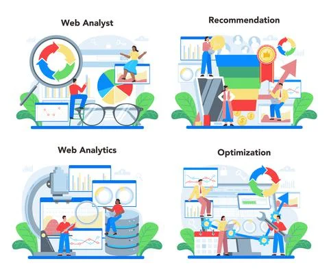 Website analyst concept set. Web page improvement for business Stock Illustration