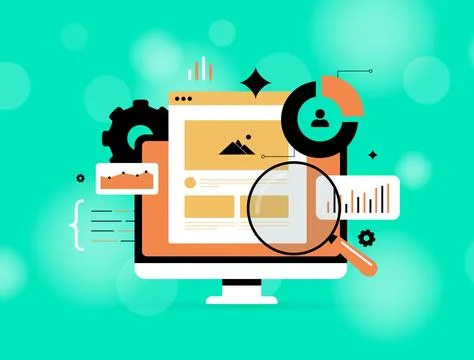 Website analytics dashboard with magnifying glass, user data, charts, pie Illustrazione stock