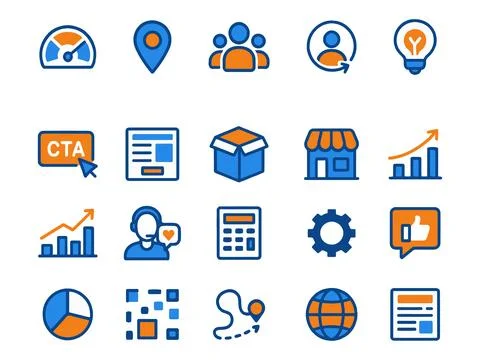 Website Analytics Icons Set Showing Speedometer, Location, Team, User, Idea.. Stock Illustration