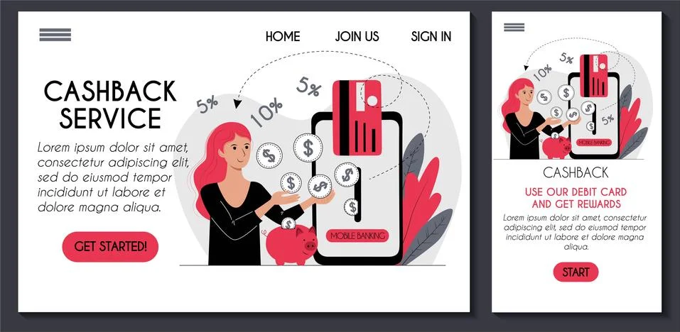 Website and app template. Mobile banking receiving cashback paying by card. Stock Illustration