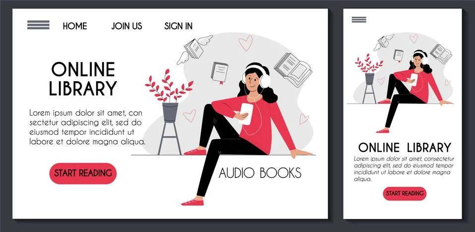 Website and mobile application template for online library. Young woman in he Stock Illustration