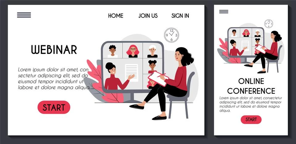 Website and mobile application template for online conference educational Stock Illustration