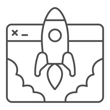 Website and Rocket Launch thin line icon, startup concept, Site launch sign on Illustrazione stock