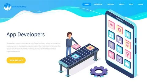 Website for app developers landing page template. Man creating mockup of Stock Illustration