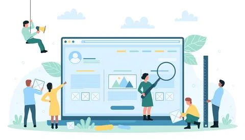 Website, app wireframe creation, tiny people create application UI, construct Stock Illustration