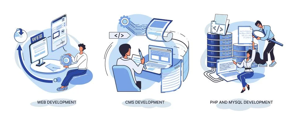 Website architecture concepts. Web development, PHP, MySQL, CMS, interface Stock Illustration
