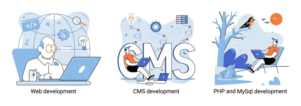 Website architecture concepts. Web development, PHP, MySQL, CMS, interface Stock Illustration