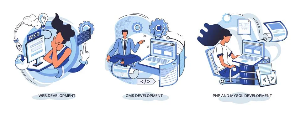 Website architecture concepts. Web development, PHP, MySQL, CMS, interface Illustrazione stock