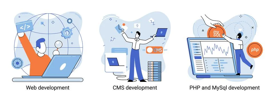 Website architecture concepts. Web development, PHP, MySQL, CMS, interface Stock Illustration